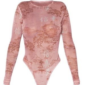 PRETTYLITTLETHING Shape Rose Oriental Printed Mesh Long Sleeved Bodysuit